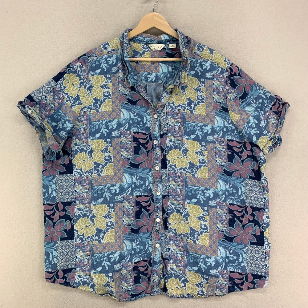 Caffe‎ Marrakesh Blouse Womens 3X Blue Floral Tencel Lyocell Button Front